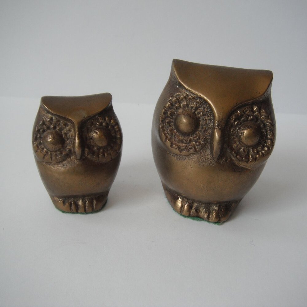 Vintage Solid Brass Pair of Owl Bird Figurine Statue Paperweight Made in Korea